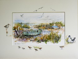 Barque avec oiseaux des marais