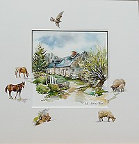 Village, chevaux et moutons